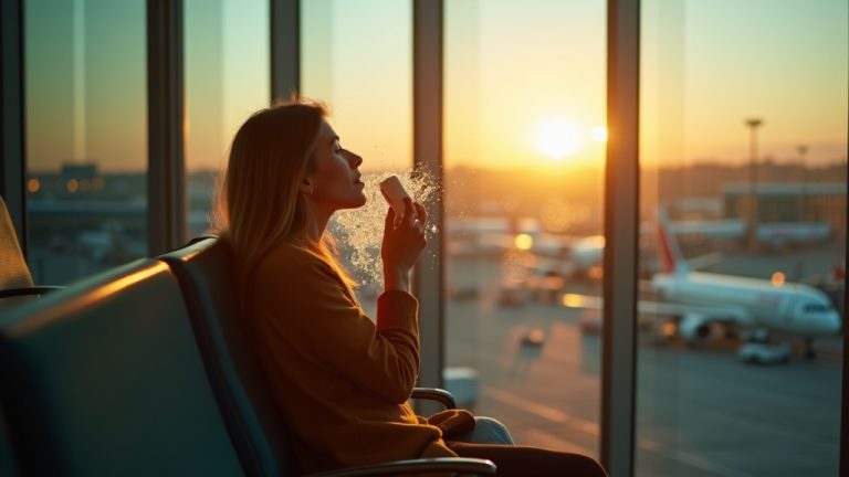 Traveler by an airport window using a travel kit to refresh their face during sunset, with airport lights and planes in the softly blurred background.