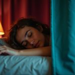A traveler resting in a cozy hostel bunk behind a patterned privacy curtain, softly lit and surrounded by the subtle bustle of a shared room.