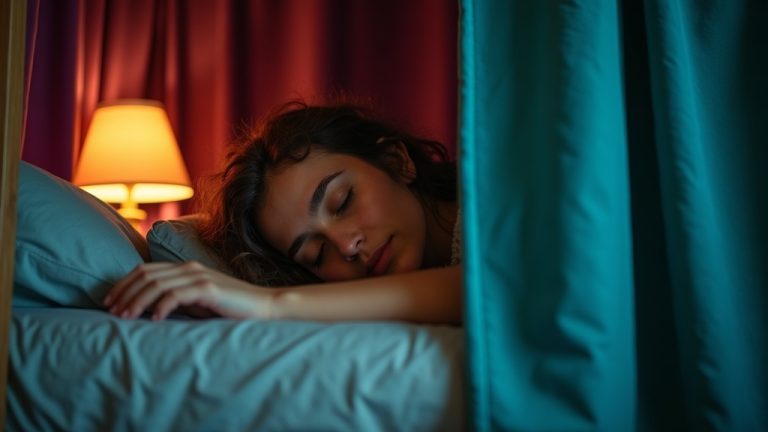 A traveler resting in a cozy hostel bunk behind a patterned privacy curtain, softly lit and surrounded by the subtle bustle of a shared room.