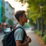 A young traveler adjusting their backpack at the boundary between a lively city street and a lush forest trail, highlighting transition from urban to nature environments.