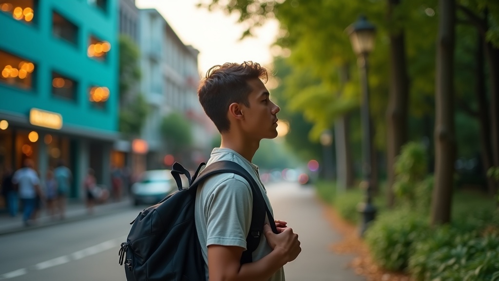 A young traveler adjusting their backpack at the boundary between a lively city street and a lush forest trail, highlighting transition from urban to nature environments.