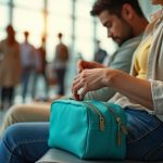 Traveler organizing a teal toiletries pouch on their lap in a busy airport terminal, focused amid travel chaos.