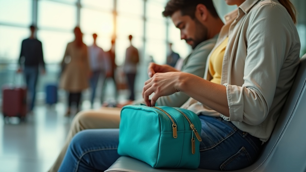 Traveler organizing a teal toiletries pouch on their lap in a busy airport terminal, focused amid travel chaos.