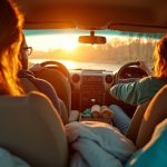 A relaxed group of adults sharing travel items in a sunlit car interior, surrounded by bags and blankets during a road trip.