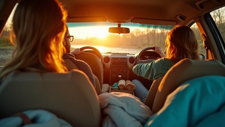 A relaxed group of adults sharing travel items in a sunlit car interior, surrounded by bags and blankets during a road trip.