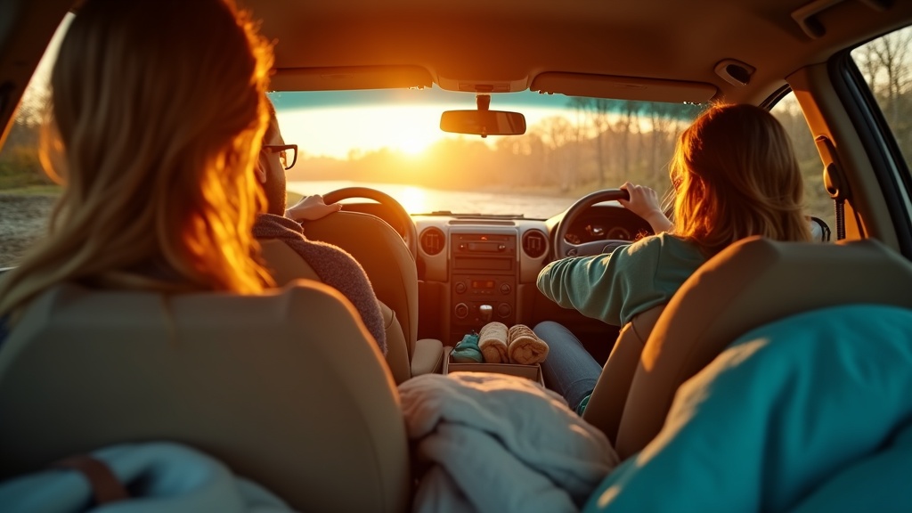 A relaxed group of adults sharing travel items in a sunlit car interior, surrounded by bags and blankets during a road trip.