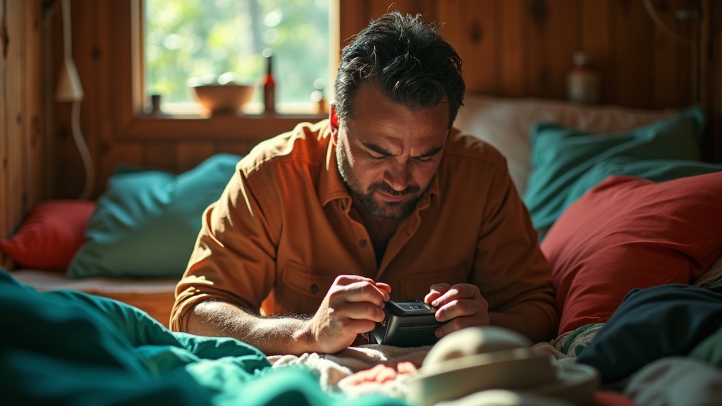A focused traveler inspects an electronic device amid scattered gear in a warmly lit, humidity-filled tropical room.