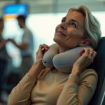 Traveler in an airport lounge adjusting a neck pillow, focused on hands interacting with the pillow under warm natural light.
