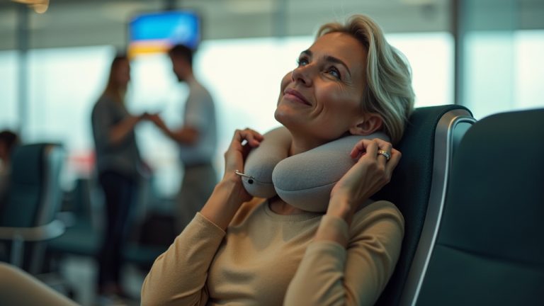 Traveler in an airport lounge adjusting a neck pillow, focused on hands interacting with the pillow under warm natural light.