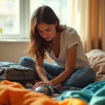 Traveler struggling to zip an overfilled suitcase on a messy bed with clothes and gadgets scattered, highlighting real-life packing challenges.