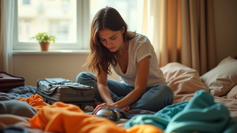 Traveler struggling to zip an overfilled suitcase on a messy bed with clothes and gadgets scattered, highlighting real-life packing challenges.