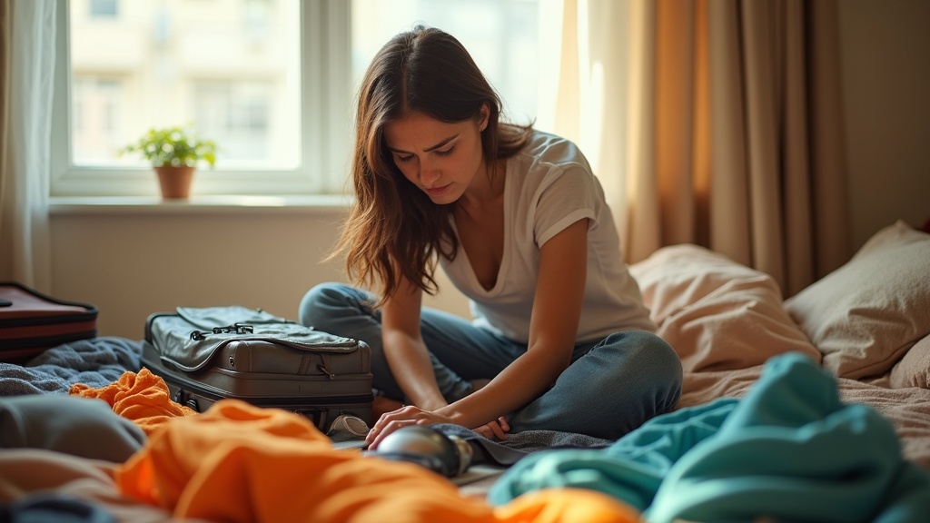 Traveler struggling to zip an overfilled suitcase on a messy bed with clothes and gadgets scattered, highlighting real-life packing challenges.