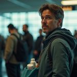 Traveler at an airport security checkpoint with medication bottles visible in a semi-open bag, surrounded by a busy terminal atmosphere.