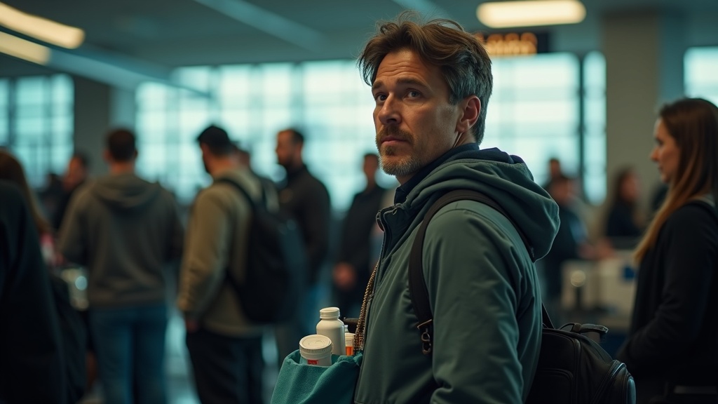 Traveler at an airport security checkpoint with medication bottles visible in a semi-open bag, surrounded by a busy terminal atmosphere.