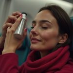 Traveler using hydrating mist in economy seat, cranberry blanket draped, softly lit by overhead lights, capturing a calm moment of in-flight self-care.