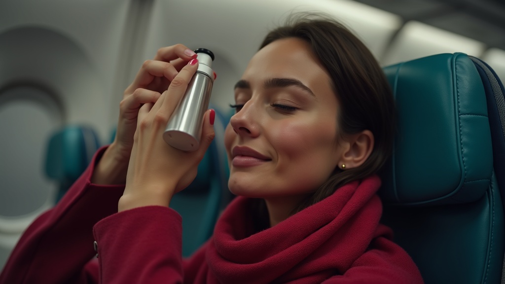 Traveler using hydrating mist in economy seat, cranberry blanket draped, softly lit by overhead lights, capturing a calm moment of in-flight self-care.