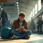 Young traveler looking concerned at their phone while seated on a busy train station floor, surrounded by moving commuters and luggage.