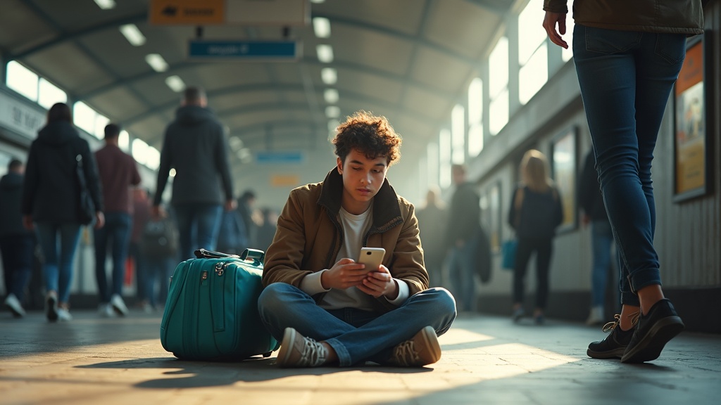 Young traveler looking concerned at their phone while seated on a busy train station floor, surrounded by moving commuters and luggage.