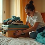 A traveler in a cozy hotel room carefully arranging shoes and clothes in an open suitcase, highlighting practical packing in a tight space using natural light and warm colors.