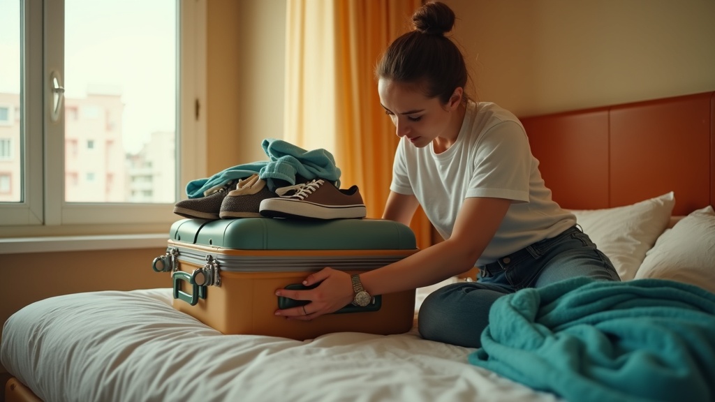 A traveler in a cozy hotel room carefully arranging shoes and clothes in an open suitcase, highlighting practical packing in a tight space using natural light and warm colors.