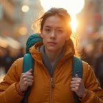 Traveler adjusting a teal-accented daypack on a lively city street in warm sunset light, framed to highlight the bag and traveler’s focus.
