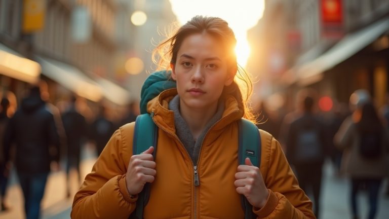 Traveler adjusting a teal-accented daypack on a lively city street in warm sunset light, framed to highlight the bag and traveler’s focus.