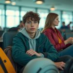 A young traveler in an airport lounge weighing which essentials to pack, surrounded by travel gear and immersed in the decision-making process.