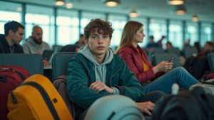 A young traveler in an airport lounge weighing which essentials to pack, surrounded by travel gear and immersed in the decision-making process.
