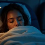 A restless traveler in an airplane seat at night, wrapped in a blanket and adjusting a pillow under warm and cool cabin lighting, reflecting difficulty sleeping during a flight.