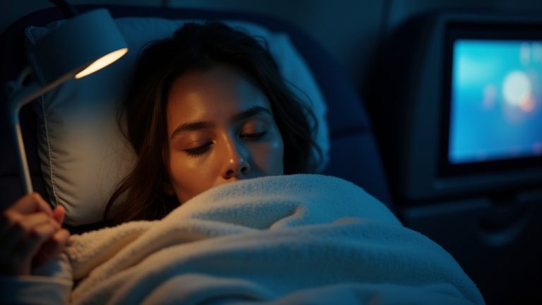 A restless traveler in an airplane seat at night, wrapped in a blanket and adjusting a pillow under warm and cool cabin lighting, reflecting difficulty sleeping during a flight.