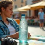 Traveler on a busy sunlit bench in a city square looking at a condensation-covered water bottle with melting ice, surrounded by tourist gear