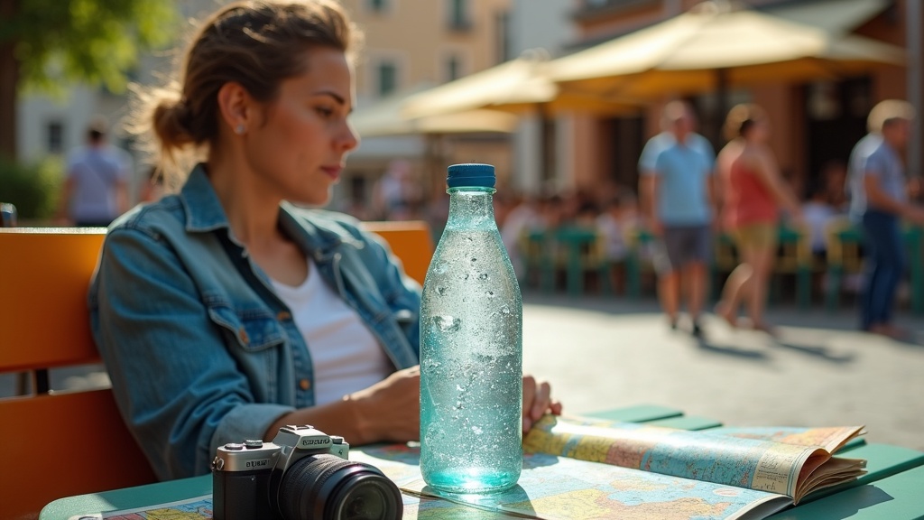 Traveler on a busy sunlit bench in a city square looking at a condensation-covered water bottle with melting ice, surrounded by tourist gear