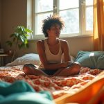 A traveler in a cozy hostel room considers eco-friendly and traditional travel items on a bed, reflecting sustainable packing choices.