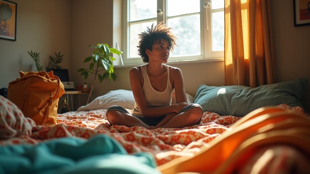 A traveler in a cozy hostel room considers eco-friendly and traditional travel items on a bed, reflecting sustainable packing choices.