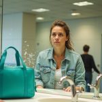 Traveler at an airport restroom sink using water to refresh after a flight, with a teal travel bag and lively surroundings in the background.