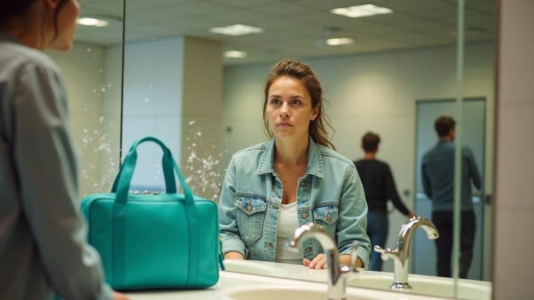 Traveler at an airport restroom sink using water to refresh after a flight, with a teal travel bag and lively surroundings in the background.
