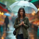 Traveler with a transparent umbrella and lightweight layers exploring a vibrant outdoor market in the rain, seamlessly navigating puddles.