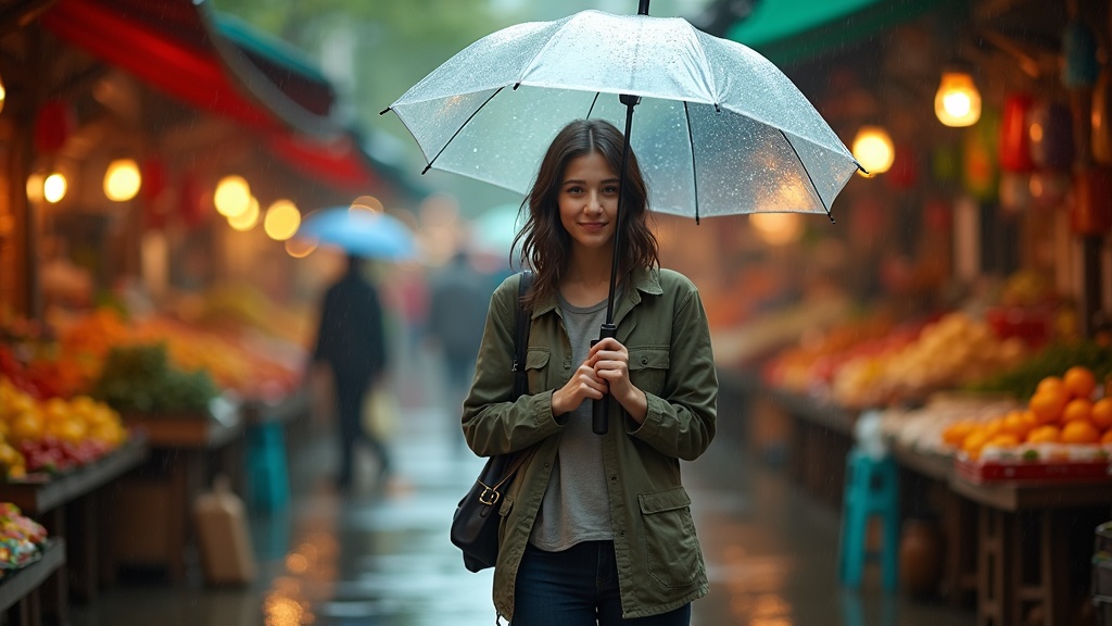 Traveler with a transparent umbrella and lightweight layers exploring a vibrant outdoor market in the rain, seamlessly navigating puddles.