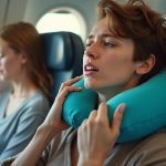 Traveler adjusting a teal neck pillow on an airplane while another passenger sleeps nearby, highlighting the challenge of keeping travel pillows in place.
