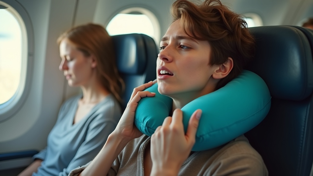 Traveler adjusting a teal neck pillow on an airplane while another passenger sleeps nearby, highlighting the challenge of keeping travel pillows in place.