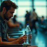 Traveler cleaning a reusable water bottle with napkins and airport amenities in a busy lounge, focused amid travel crowds and personal items.