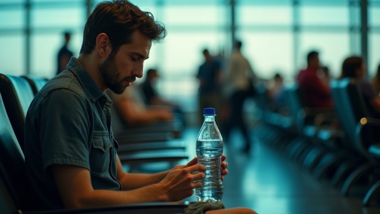 Traveler cleaning a reusable water bottle with napkins and airport amenities in a busy lounge, focused amid travel crowds and personal items.