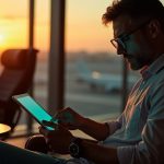 A traveler in an airport lounge at sunset uses a tablet, surrounded by various tech devices in warm and cool lighting.