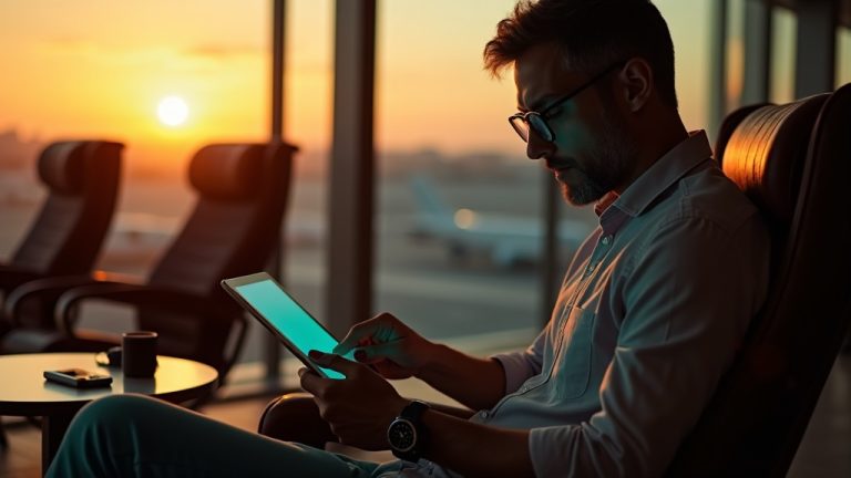 A traveler in an airport lounge at sunset uses a tablet, surrounded by various tech devices in warm and cool lighting.