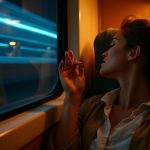A traveler resting in a softly lit train compartment at night, eyes closed and hand on the window, with blurred town lights streaking past outside.