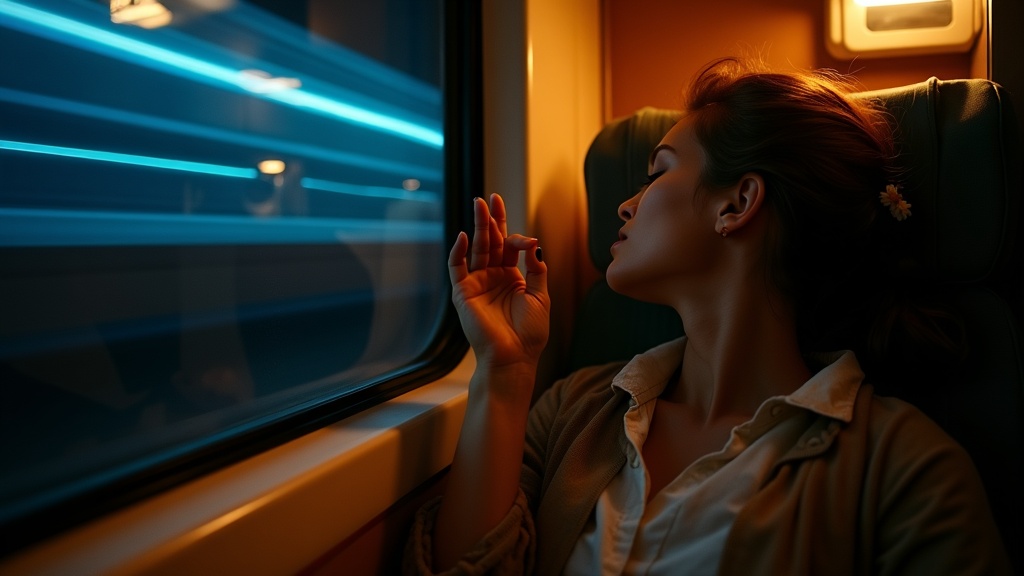 A traveler resting in a softly lit train compartment at night, eyes closed and hand on the window, with blurred town lights streaking past outside.