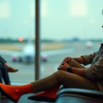 Traveler in an airport lounge wearing a bright compression sock and slipper, gazing thoughtfully out the window toward the runway amid a lively atmosphere.