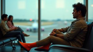Traveler in an airport lounge wearing a bright compression sock and slipper, gazing thoughtfully out the window toward the runway amid a lively atmosphere.