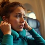 Traveler adjusting a neck pillow on an airplane seat, with a focused expression and blurred cabin background highlighting the challenge of keeping the pillow in place.