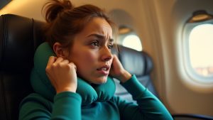 Traveler adjusting a neck pillow on an airplane seat, with a focused expression and blurred cabin background highlighting the challenge of keeping the pillow in place.